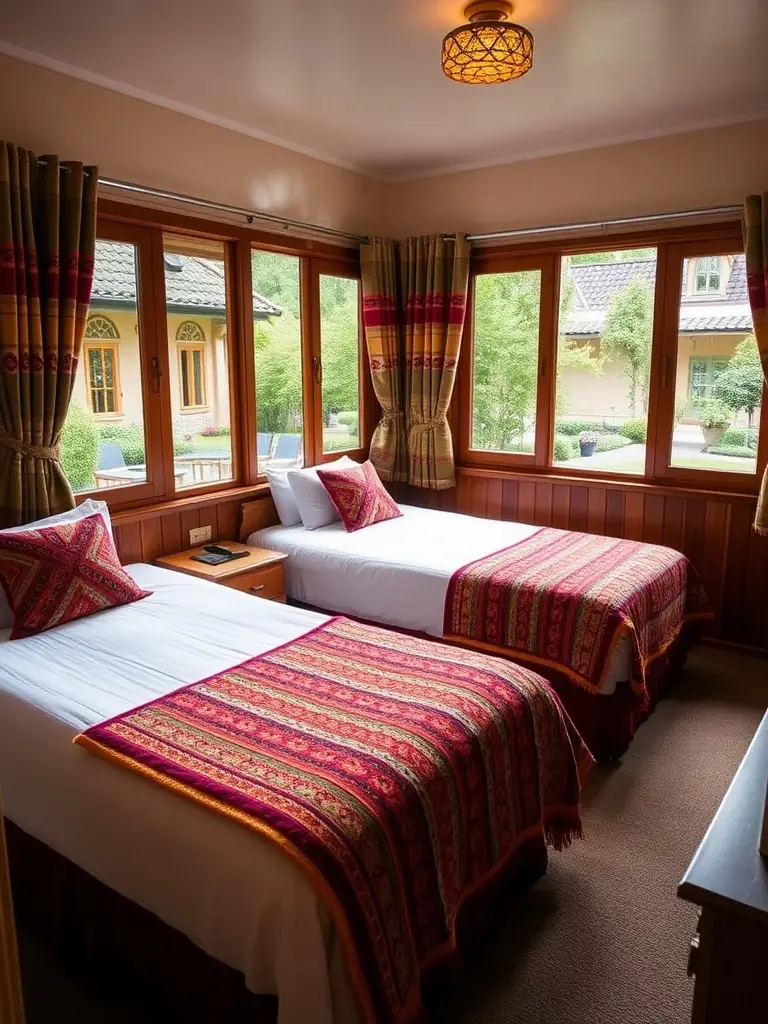 A charming twin room with traditional Patagonian decor, two comfortable beds, and a view of the serene hotel courtyard.