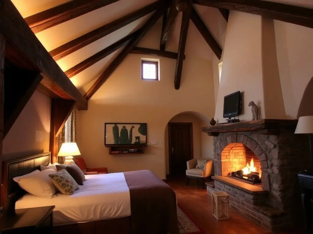 Hotel room with unique architectural design, exposed wooden beams, and a cozy fireplace.