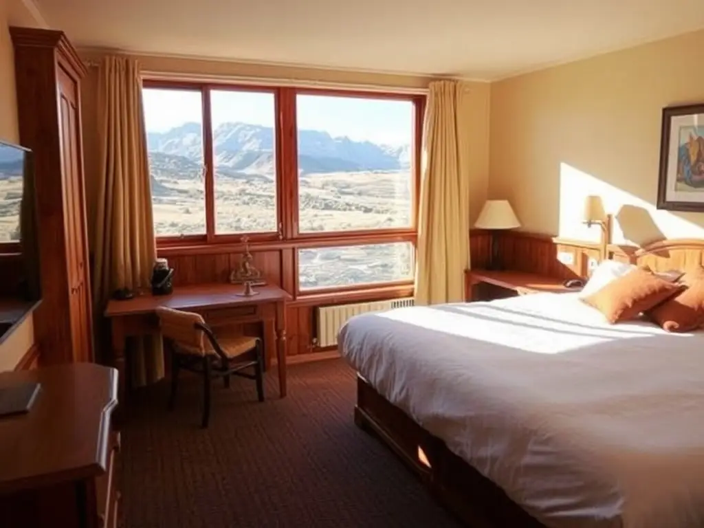 A cozy hotel room with traditional decor and a view of the Patagonian landscape.