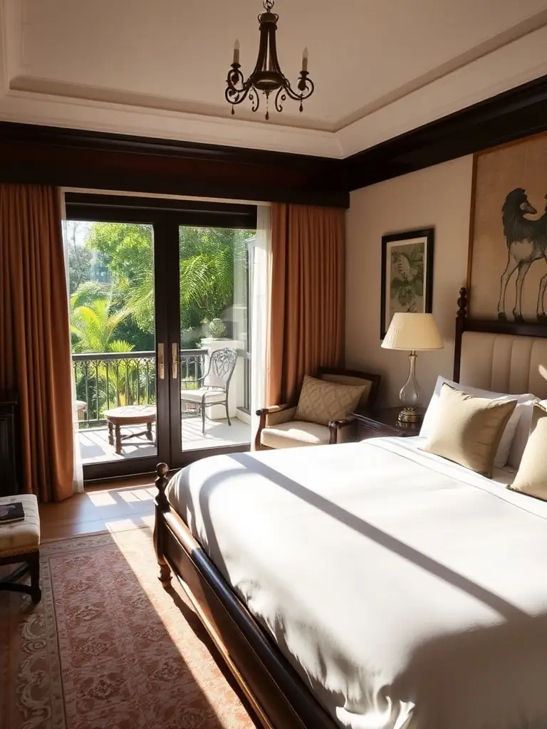 Spacious suite with a luxurious king-size bed and a private balcony overlooking lush gardens.