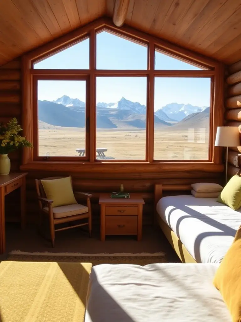 Cozy double room with rustic wooden furnishings and large windows overlooking the Patagonian landscape.