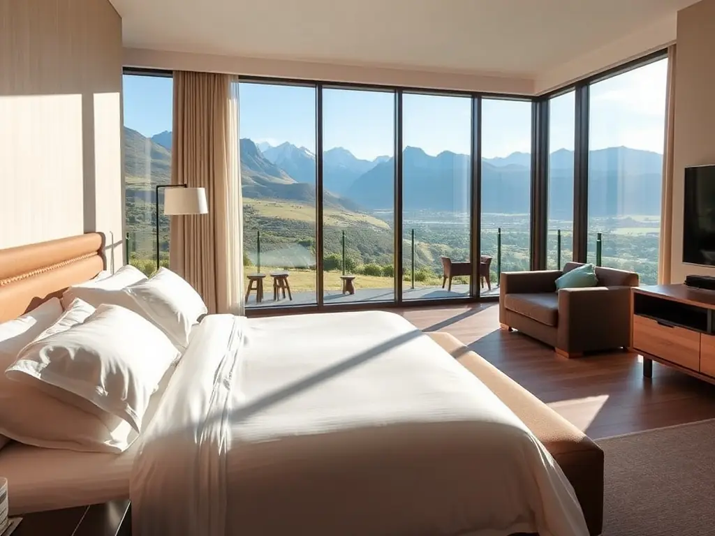 A spacious hotel room with a plush bed and a view of the Patagonian landscape.